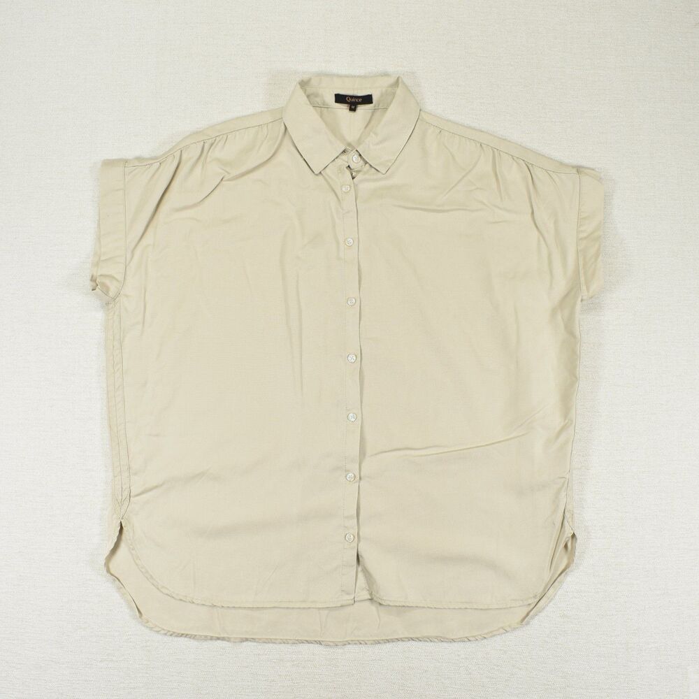 Quince Tencel Short Sleeve Button Down Shirt Beige Ivory Women's Medium